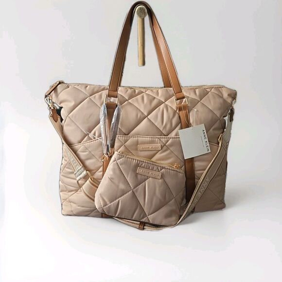Anne Klein Quilted Nylon Tote Bag Sesame + Matching Pouch & Coin Purse NWT - Picture 1 of 10